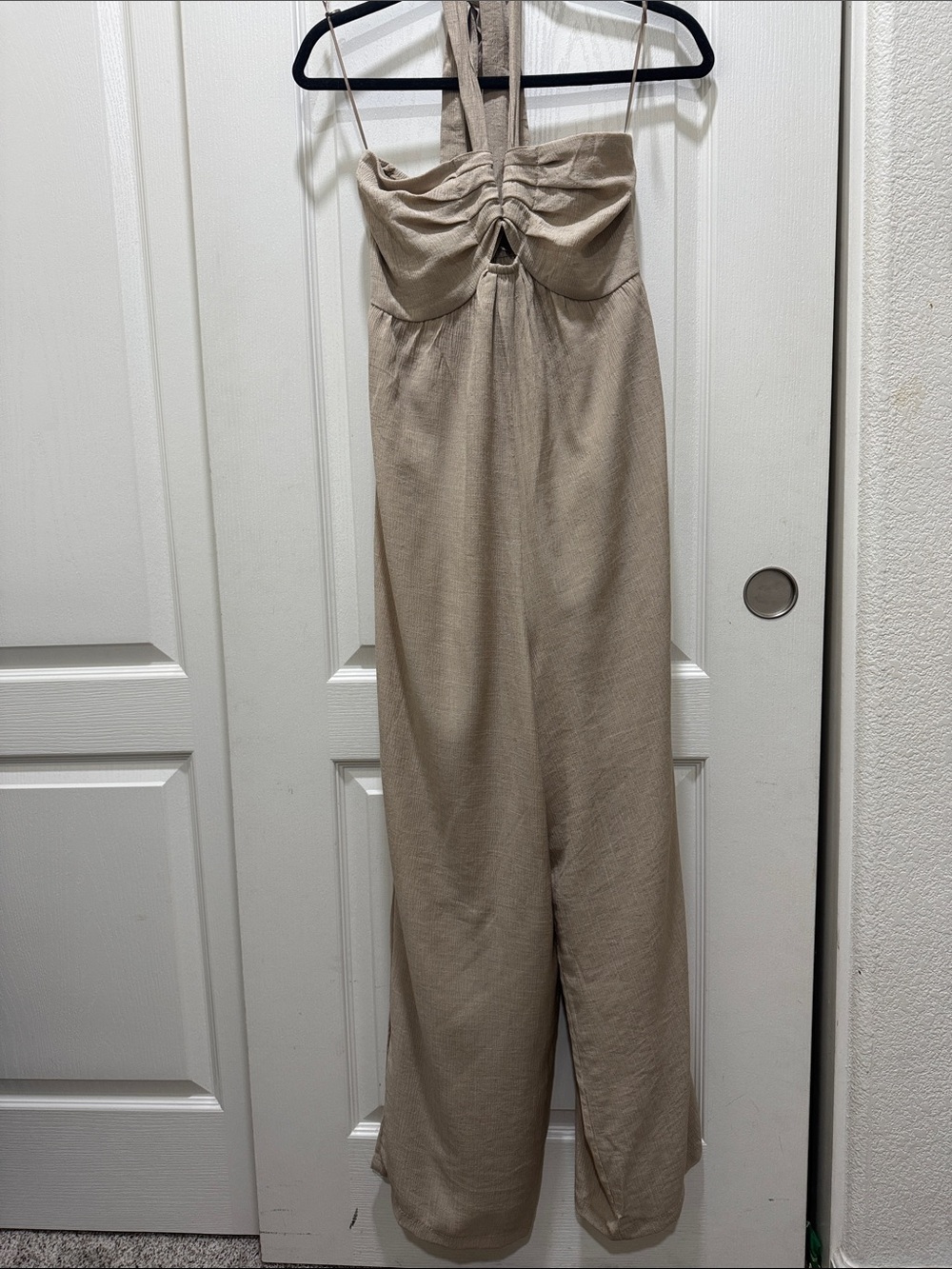 Aura NWT Halter Wide Leg Jumpsuit Taupe Textured Cotton Blend Size Small